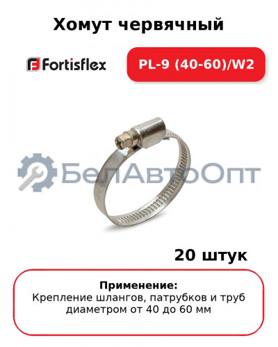 Хомут червячный PL-9 (40-60)/W2 (комплект 20 шт