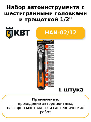 Набор автоинструмента с торцевыми шестигранными головками и трещоткой 1/2" НАИ-02/12