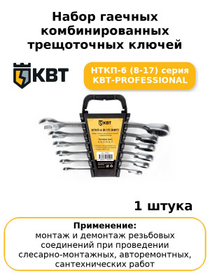 Набор гаечных комбинированных трещоточных ключей с переключателем реверса НТКП-6 (8-17) серия KBT-PROFESSIONAL