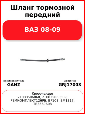 Шланг тормозной передний ВАЗ 08-09  GANZ GRJ17003