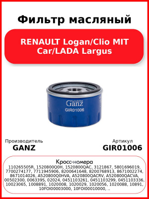 Фильтр масляный RENAULT Logan/Clio MIT Car/LADA Largus GANZ GIR01006