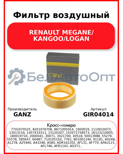 Фильтр воздушный RENAULT MEGANE/ KANGOO/LOGAN GANZ GIR04014