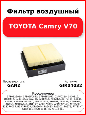 Фильтр воздушный TOYOTA Camry V70 GANZ GIR04032