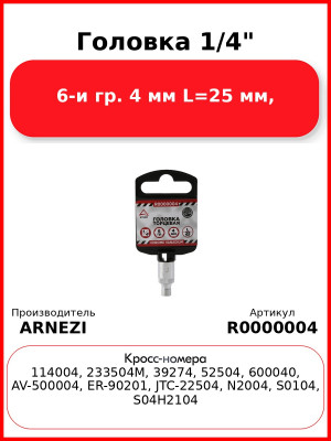 Головка 1/4" 6-и гр. 4 мм L=25 мм, ARNEZI R0000004