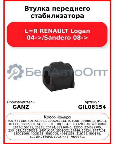 Втулка переднего стабилизатора L=R RENAULT Logan 04->/Sandero 08-> GANZ GIL06154