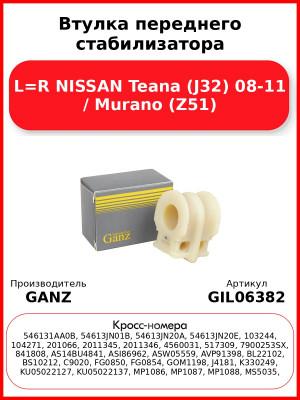 Втулка переднего стабилизатора L=R NISSAN Teana (J32) 08-11 / Murano (Z51) GANZ GIL06382