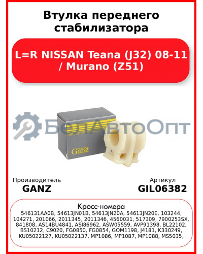 Втулка переднего стабилизатора L=R NISSAN Teana (J32) 08-11 / Murano (Z51) GANZ GIL06382