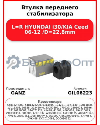 Втулка переднего стабилизатора L=R HYUNDAI i30/KIA Ceed 06-12 /D=22,8mm GANZ GIL06223