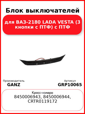 Блок выключателей для ВАЗ-2180 LADA VESTA (3 кнопки c ПТФ) ВАЗ-2180 LADA VESTA c ПТФ GANZ GRP10065