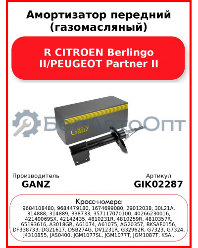 Амортизатор передний (газомасляный) R CITROEN Berlingo II/PEUGEOT Partner II GANZ GIK02287