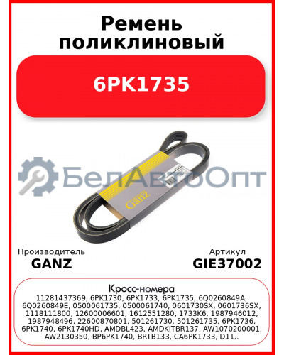 Ремень поликлиновый 6PK1735  GANZ GIE37002