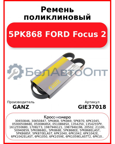 Ремень поликлиновый 5PK868 FORD Focus 2 GANZ GIE37018
