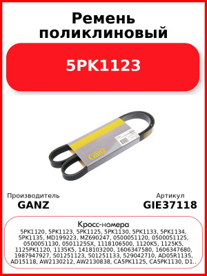 Ремень поликлиновый 5PK1123  GANZ GIE37118