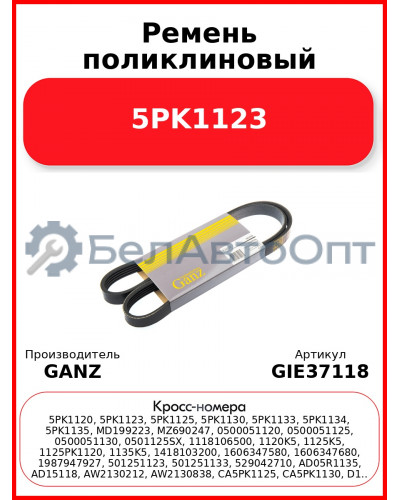 Ремень поликлиновый 5PK1123  GANZ GIE37118