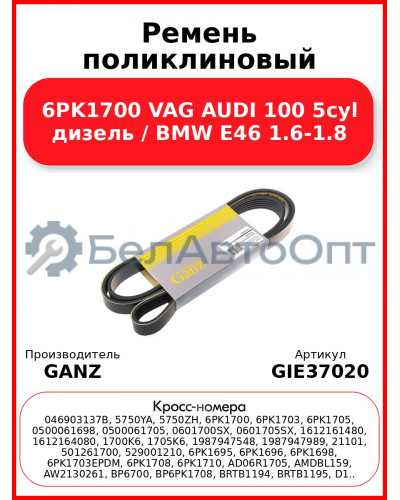 Ремень поликлиновый 6PK1700 VAG AUDI 100 5cyl дизель / BMW E46 1.6-1.8 GANZ GIE37020
