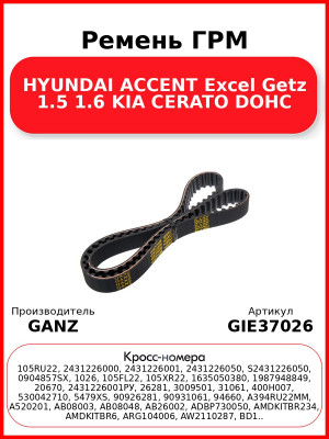Ремень ГРМ HYUNDAI ACCENT Excel Getz 1.5 1.6 KIA CERATO DOHC GANZ GIE37026