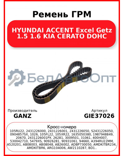 Ремень ГРМ HYUNDAI ACCENT Excel Getz 1.5 1.6 KIA CERATO DOHC GANZ GIE37026