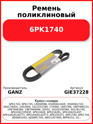 Ремень поликлиновый 6PK1740  GANZ GIE37228
