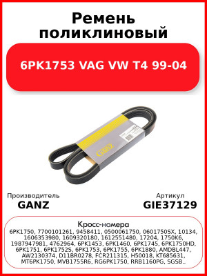 Ремень поликлиновый 6PK1753 VAG VW T4 99-04 GANZ GIE37129