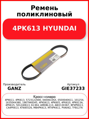 Ремень поликлиновый 4PK613 HYUNDAI GANZ GIE37233