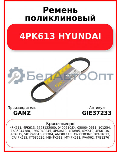 Ремень поликлиновый 4PK613 HYUNDAI GANZ GIE37233