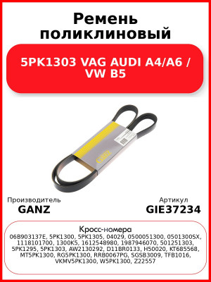Ремень поликлиновый 5PK1303 VAG AUDI A4/A6 / VW B5 GANZ GIE37234