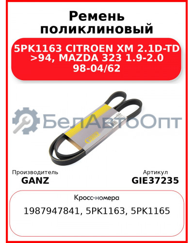 Ремень поликлиновый 5PK1163 CITROEN XM 2.1D-TD >94, MAZDA 323 1.9-2.0 98-04/62 GANZ GIE37235