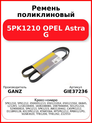 Ремень поликлиновый 5PK1210 OPEL Astra G GANZ GIE37236