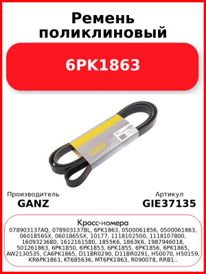 Ремень поликлиновый 6PK1863  GANZ GIE37135