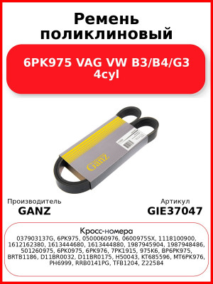 Ремень поликлиновый 6PK975 VAG VW B3/B4/G3 4cyl GANZ GIE37047