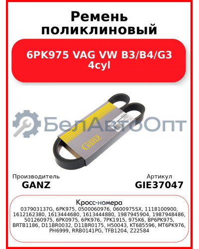 Ремень поликлиновый 6PK975 VAG VW B3/B4/G3 4cyl GANZ GIE37047