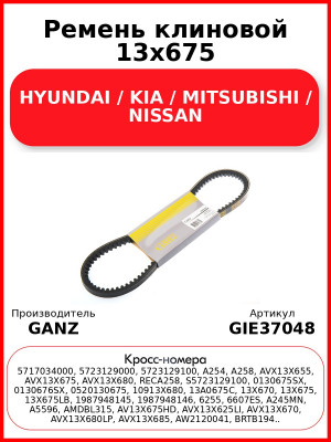 Ремень клиновой 13x675 HYUNDAI / KIA / MITSUBISHI / NISSAN GANZ GIE37048