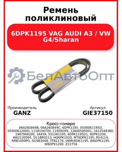 Ремень поликлиновый 6DPK1195 VAG AUDI A3 / VW G4/Sharan GANZ GIE37150