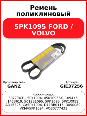 Ремень поликлиновый 5PK1095 FORD / VOLVO GANZ GIE37256