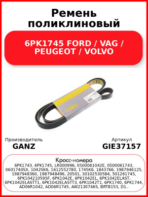 Ремень поликлиновый 6PK1745 FORD / VAG / PEUGEOT / VOLVO GANZ GIE37157