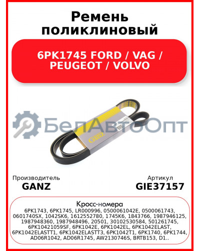 Ремень поликлиновый 6PK1745 FORD / VAG / PEUGEOT / VOLVO GANZ GIE37157