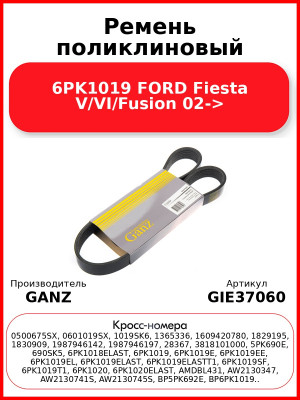 Ремень поликлиновый 6PK1019 FORD Fiesta V/VI/Fusion 02-> GANZ GIE37060