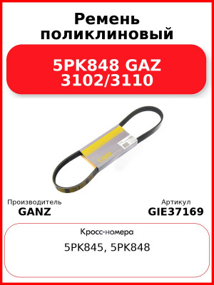 Ремень поликлиновый 5PK848 GAZ 3102/3110 GANZ GIE37169