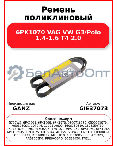 Ремень поликлиновый 6PK1070 VAG VW G3/Polo 1.4-1.6 T4 2.0 GANZ GIE37073