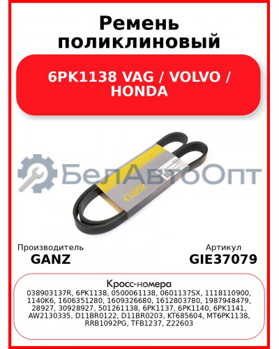 Ремень поликлиновый 6PK1138 VAG / VOLVO / HONDA GANZ GIE37079