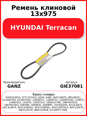 Ремень клиновой 13x975 HYUNDAI Terracan GANZ GIE37081