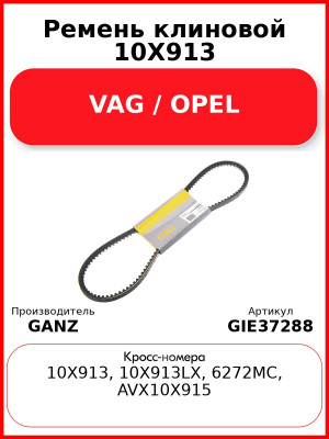 Ремень клиновой 10X913 VAG / OPEL GANZ GIE37288
