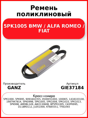 Ремень поликлиновый 5PK1005 BMW / ALFA ROMEO / FIAT GANZ GIE37184