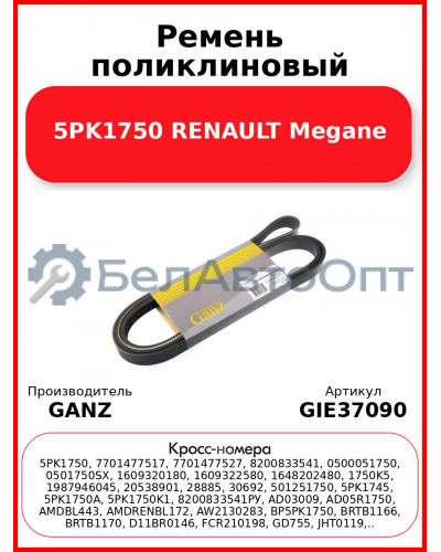 Ремень поликлиновый 5PK1750 RENAULT Megane GANZ GIE37090