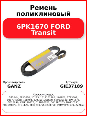 Ремень поликлиновый 6PK1670 FORD Transit GANZ GIE37189