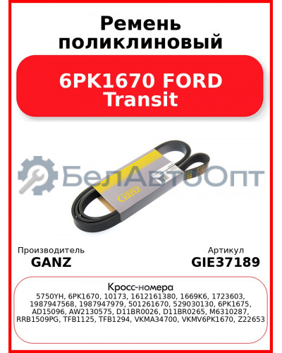 Ремень поликлиновый 6PK1670 FORD Transit GANZ GIE37189