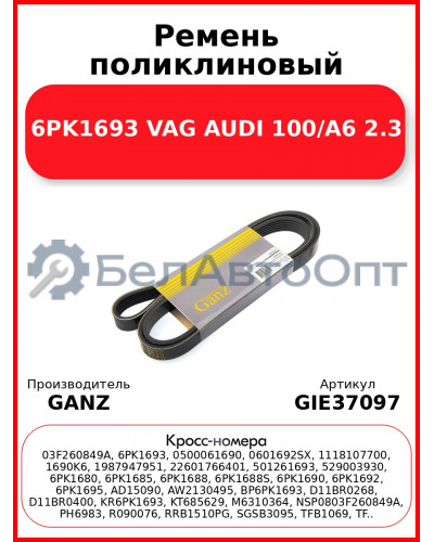 Ремень поликлиновый 6PK1693 VAG AUDI 100/A6 2.3 GANZ GIE37097