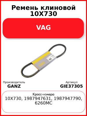 Ремень клиновой 10X730 VAG GANZ GIE37305