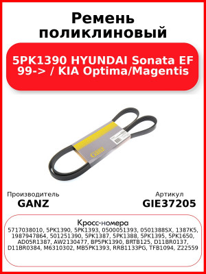 Ремень поликлиновый 5PK1390 HYUNDAI Sonata EF 99-> / KIA Optima/Magentis GANZ GIE37205