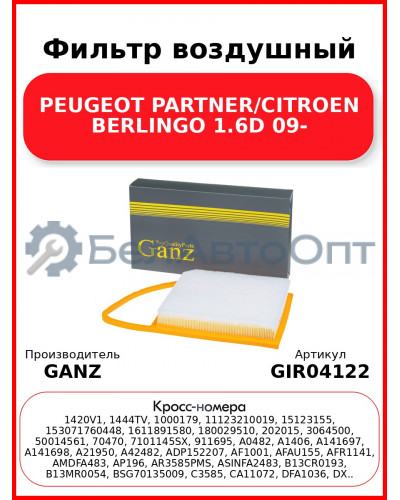 Фильтр воздушный PEUGEOT PARTNER/CITROEN BERLINGO 1.6D 09- GANZ GIR04122